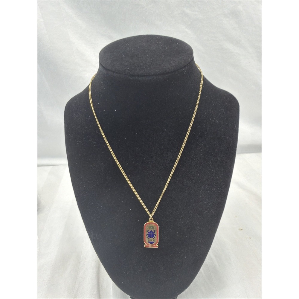 Egyptian cartouche pendant necklace, featuring a red/blue scarab